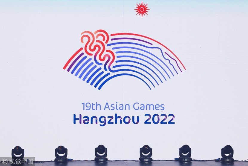 Logo Asian Games 2022 di Hangzhou, China. Meski Asian Games 2022 ditunda tapi Hangzhou tetap melanjutkan berbagai persiapan. Ilustrasi. (SinPo.id/VCG/China Daily)