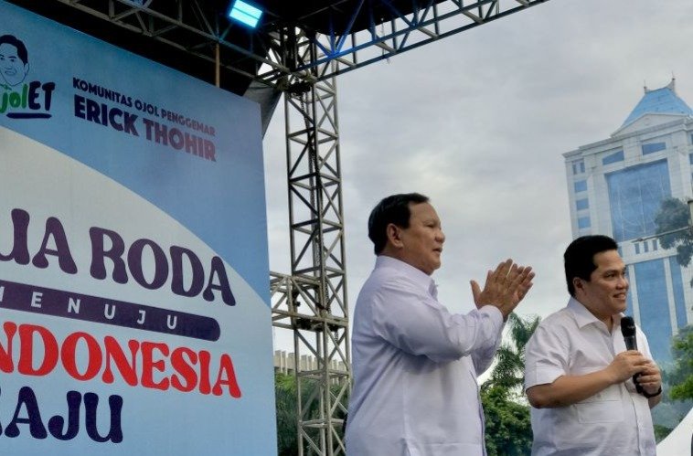 Prabowo Subianto ditemani Erick Thohir saat kampanye di Lapangan Banteng Jakarta