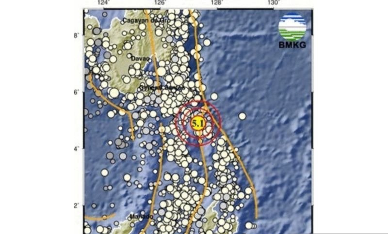 Peta lokasi gempa berkekuatan 5,1 magnitudo di Pulau Karatung, Talaud, Sulawesi Utara pada Senin, 18 Maret 2024 pagi. (SinPo.id/Dok. BMKG)