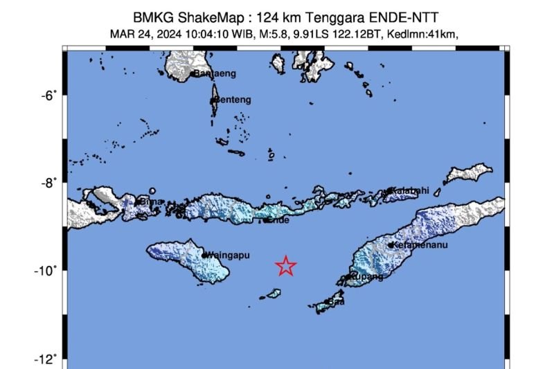 Peta getaran gempa bumi M6,1 di NTT pada Minggu, 24 Maret 2024. (SinPo.id/Dok. BMKG)