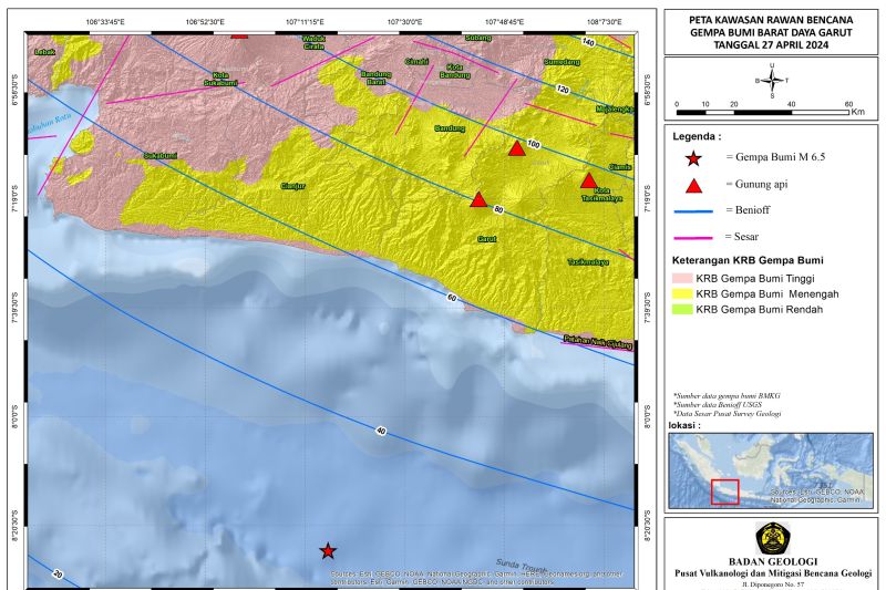 Peta gempa bumi di wilayah Kabupaten Garut, Jawa Barat. (SinPo.id/Dok. Badan Geologi)