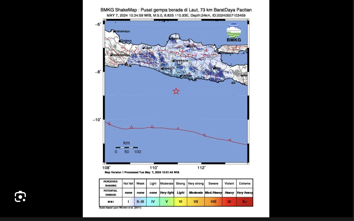 Peta pusat gempa bumi berkekuatan 5,0 magnitudo di Selatan Jawa, Pacitan, Jawa Timur, Selasa (6/5/2024) pukul 10.34 WIB. (SinPo.id/Dok. Pusat Gempa Bumi dan Tsunami BMKG.