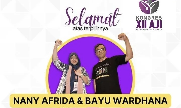 Pasangan Nany Afrida dan Bayu Wardhana terpilih menjadi Ketua Umum dan Sekretaris Jenderal AJI Indonesia periode 2024-2027. (SinPo.id/Istimewa)