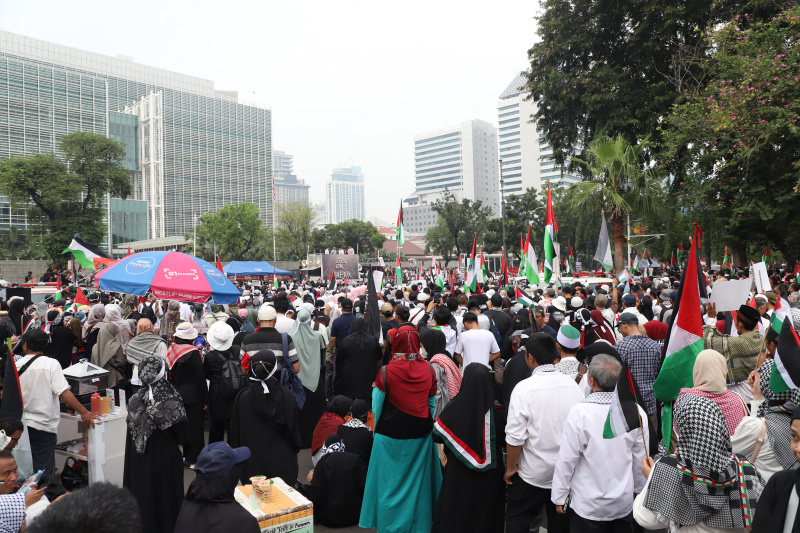 Aksi bela Palestina di depan kedubes AS (SinPo.id/ Ashar)