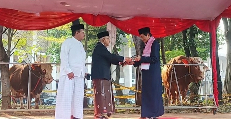 Wapres Ma'ruf Amin menyerahkan sapi kurban ke Masjid Istiqlal. (SinPo.id/Youtube)