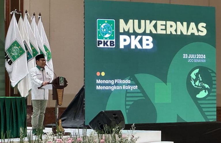 Ketua Umum PKB Muhaimin Iskandar saat memberikan sambutan dalam acara Mukernas PKB di Balai Sidang Jakarta. (SinPo.id/Antara)