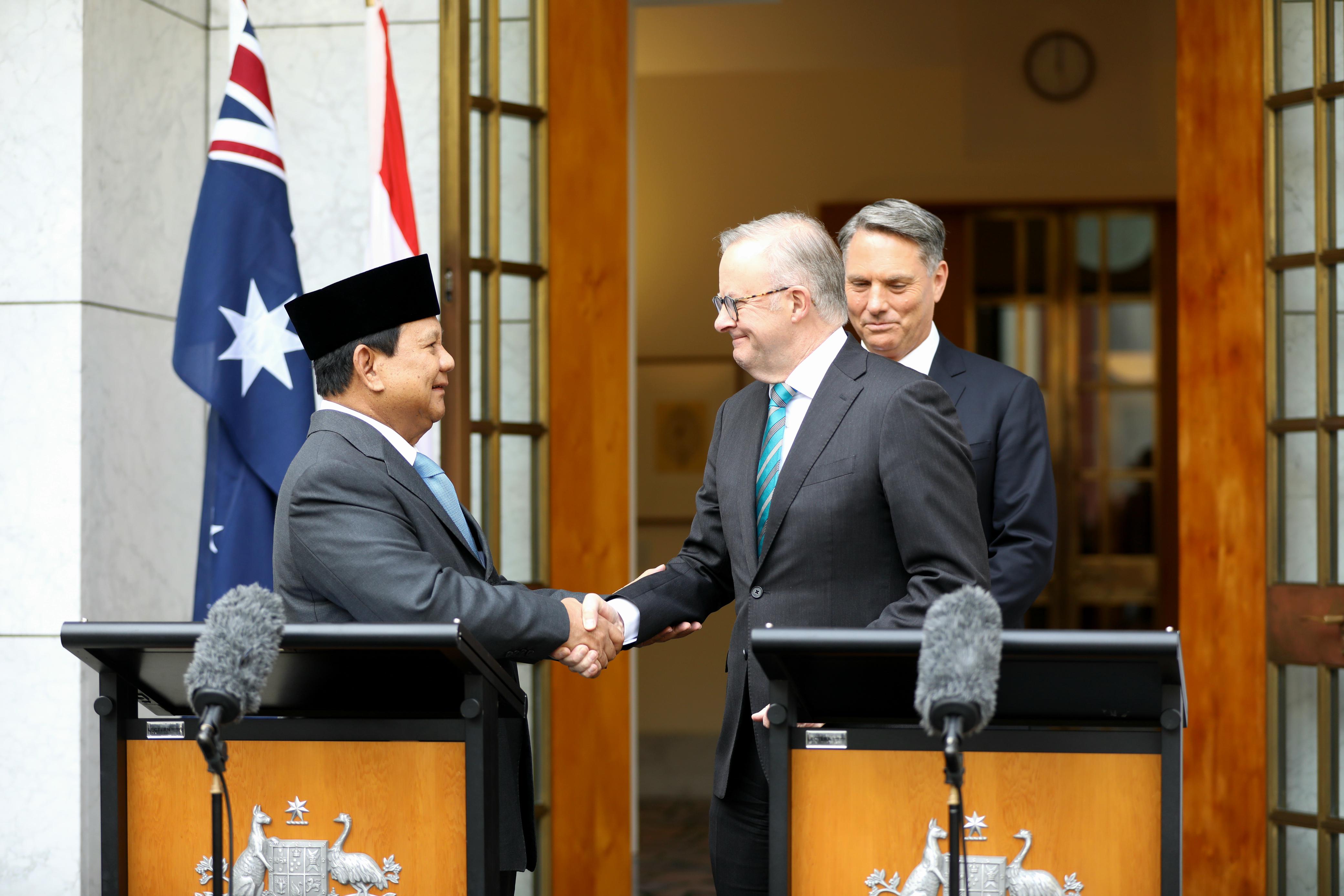 Menhan RI Prabowo Subianto bertemu Perdana Menteri Australia Anthony Albanese di Canberra pada Selasa, 20 Agustus 2024. (SinPo.id/Tim Media)