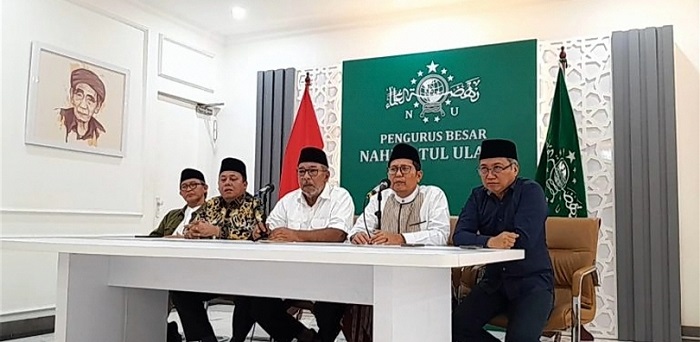 Tim Panel PBNU saat konferensi pers mengumumkan ketidakhadiran Cak Imin (SinPo.id/ Antara)