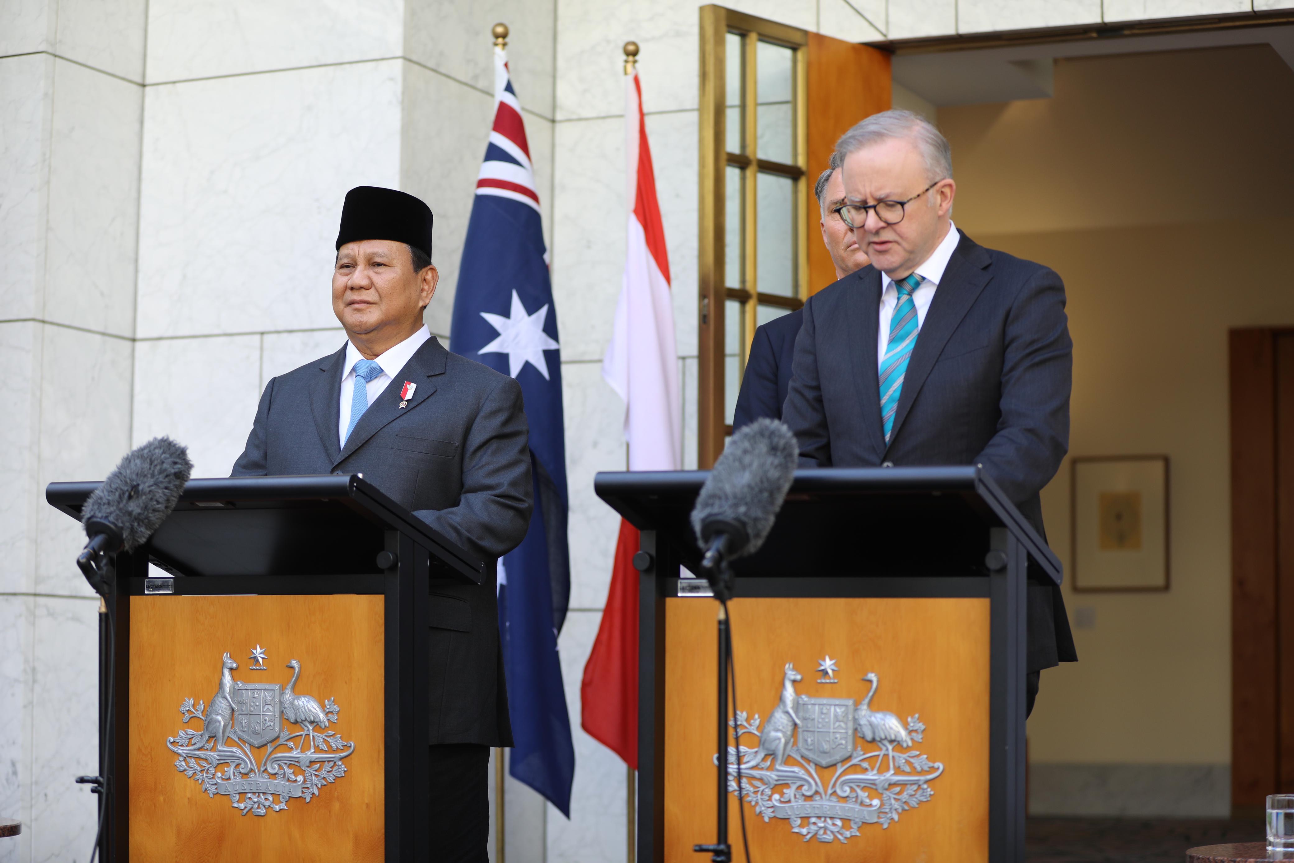 Menhan RI Prabowo Subianto bertemu Perdana Menteri Australia Anthony Albanese di Canberra pada Selasa, 20 Agustus 2024. (SinPo.id/Tim Media)