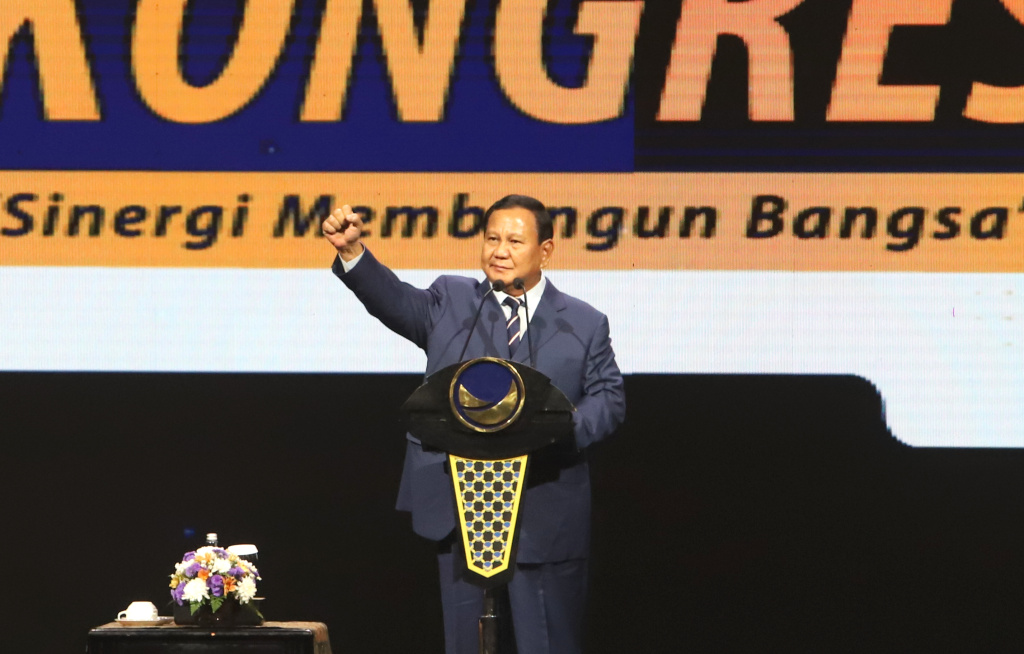 Presiden terpilih Prabowo Subianto hadiri penutupan Kongres NasDem ke III di Jakarta Convention Center (Ashar/SinPo.id)