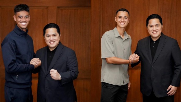 Mees Hilgers dan Eliano Reijnders dalam sebuah pose bersama Ketum PSSI Erick Thohir. (SinPo.id/Instagram @erickthohir)