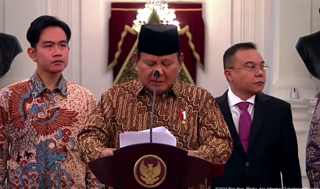 Presiden Prabowo Subianto saat mengumumkan nama menteri Kabinet Merah Putih (SinPo.id/ Setkab)