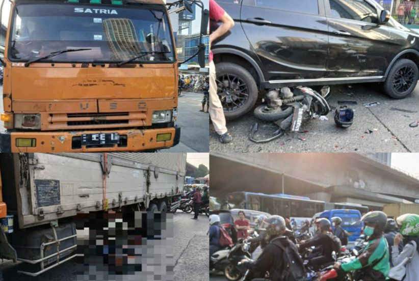 Sebuah truk tronton mengalami gangguan rem dan menabrak delapan kendaraan di traffic light Slipi. (SinPo.id/X @TMCPoldaMetro)