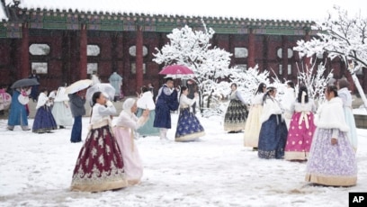 Para pengunjung menikmati salju di Istana Gyeongbok di Seoul (SinPo.id/AP)