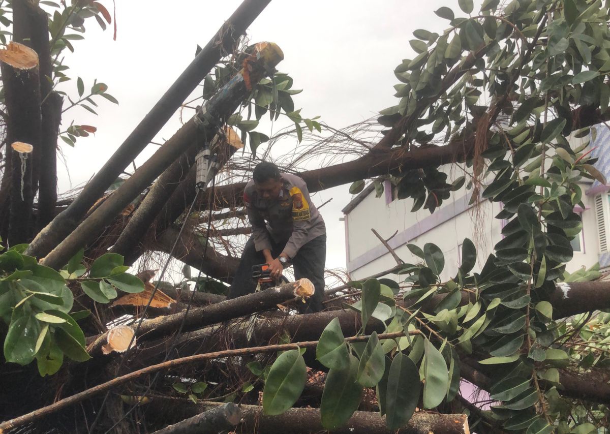 Anggota Bhabinkamtibmas yang bersihkan pohon tumbang (SinPo.id/Dok.Polres Metro Bekasi)