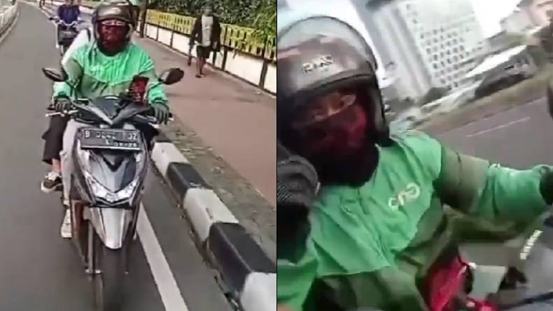 Tangkapan layar video yang menampilkan pesepeda ditendang driver ojol hingga terjatuh di Sudirman, Jakarta Pusat. (SinPo.id/ X @bacottetangga__)