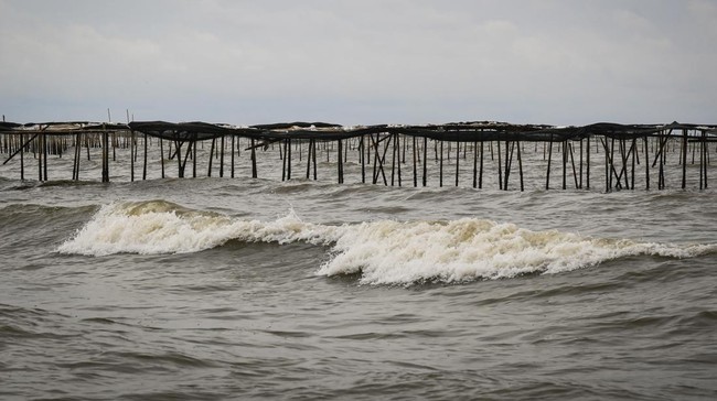 KKP menyegel bangunan pagar laut misterius yang membentang sepanjang 30 Km di Kabupaten Tangerang, Banten pada Kamis 9 Januari 2025. (SinPo.id/ANTARA FOTO/Sulthony Hasanuddin)