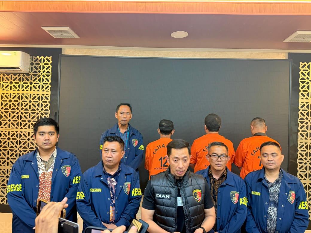 Konfrensi pers kasus pemalakan yang dilakukan Kadin Cilegon (SinPo.id/Dok.Polda Banten)