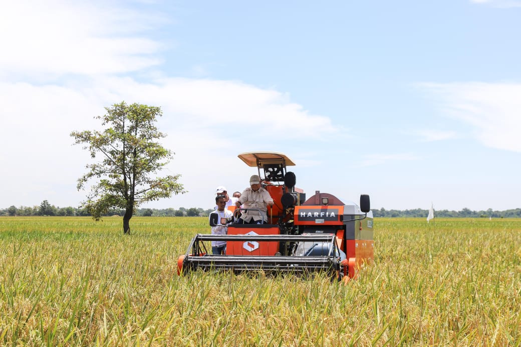 Ilustrasi Presiden Prabowo sedang mengoperasikan alat panen padi. (SinPo.id/dok. Kementan)