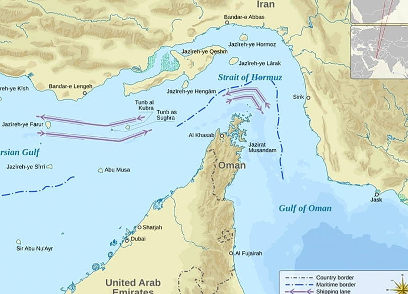Ilustrasi Selat Hormuz tempat lalu lintas di Teluk Persia. (SinPo.id/dok. Wikipedia)