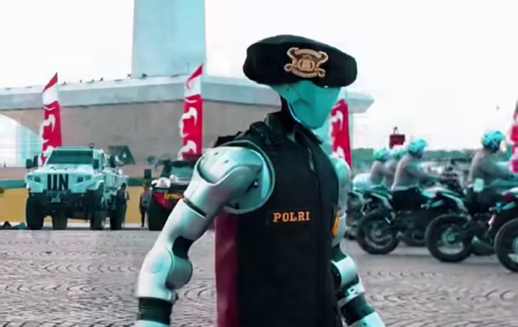 Salah satu robot berpakain rompi Polri (SinPo.id/Tangkapan Layar)
