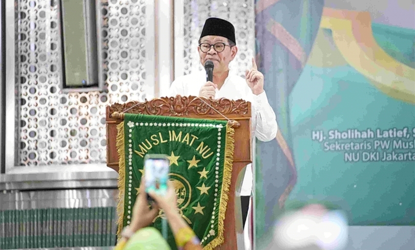 Gubernur DKI Jakarta Pramono Anung  pidato di acara Harlah ke-79 Muslimat NU. (SinPo.id/dok. Pemprov DKI)