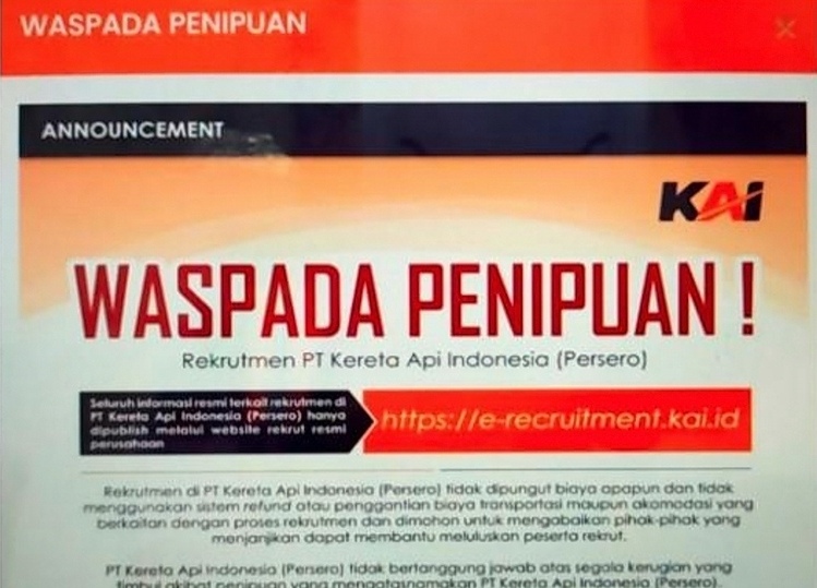 Ilustrasi imbauan KAI soal perekrutan karyawan. (SinPo.id/dok. KAI)