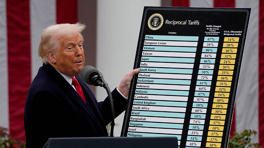 Presiden AS Donald Trump saat pengumuman tarif di Rose Garden Gedung Putih di Washington, DC, AS pada April 2025. (SinPo.id/Kent Nishimura/Bloomberg)