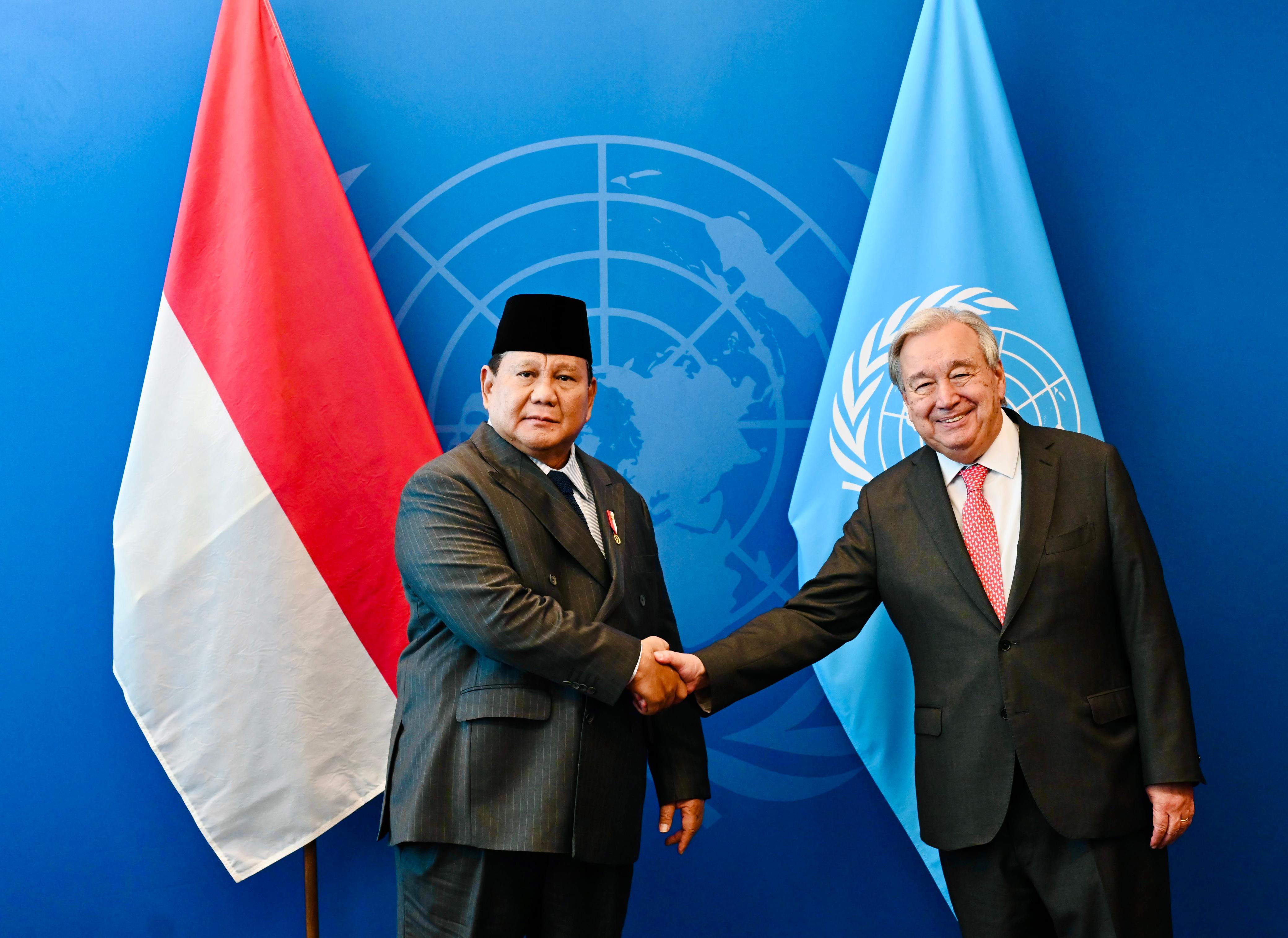Presiden RI Prabowo Subianto melakukan pertemuan bilateral dengan Sekretaris Jenderal PBB, António Guterres. (SinPo.id/Sekretariat Presiden)