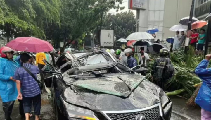 Mobil Lexus yang tertimpa pohon tumbang di Jaksel (SinPo.id/Tangkapan layar)