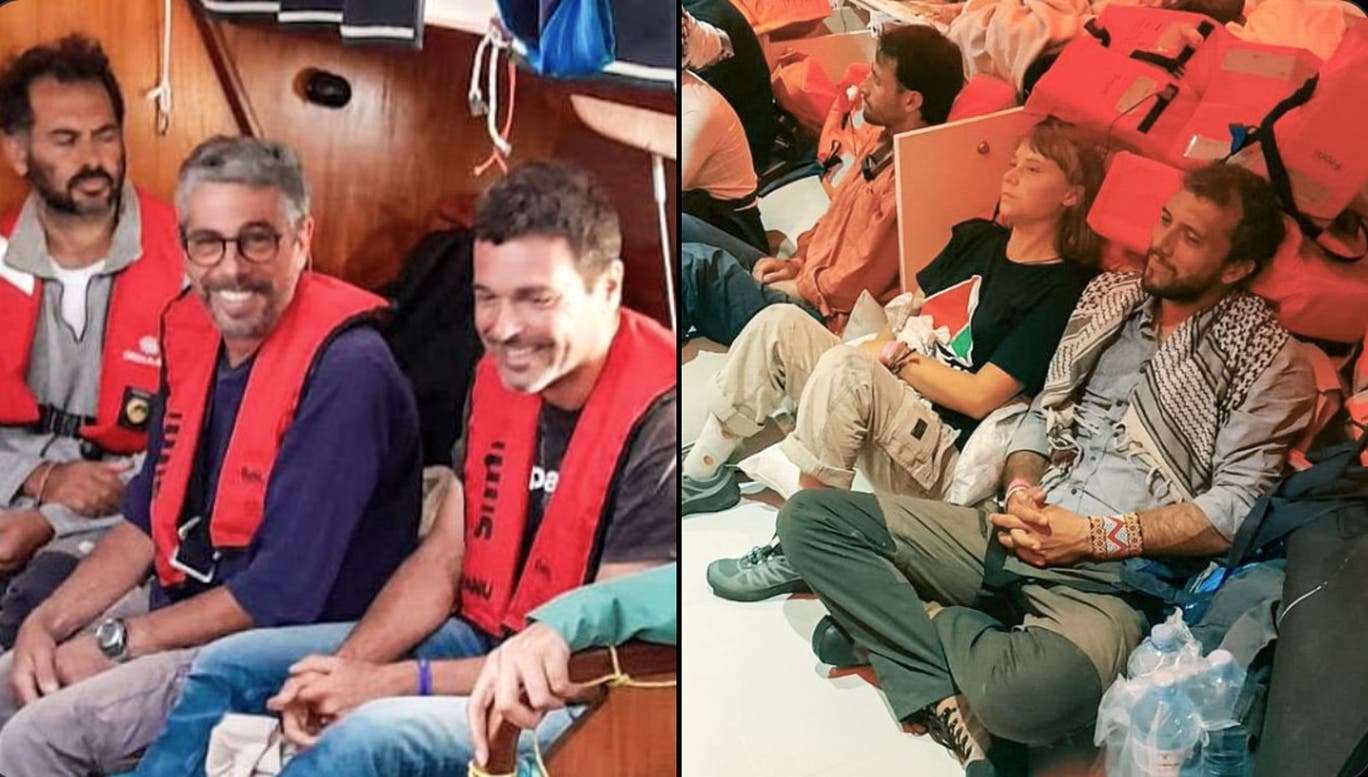 Sejumlah aktivis dalam misi kemanusiaan Global Sumud Flotilla yang ditangkap dan ditahan Israel saat berlayar ke pantai Gaza. (SinPo.id/AP)