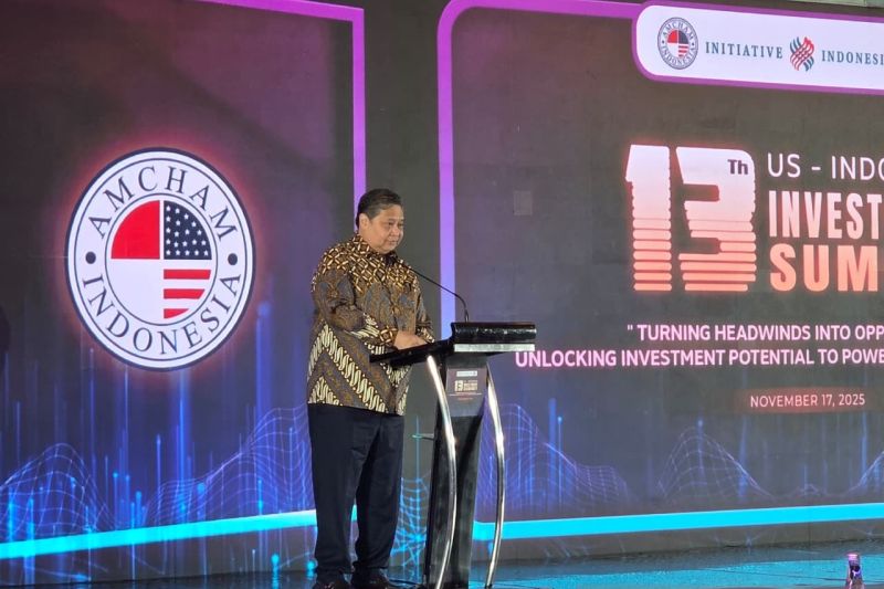 Menteri Koordinator Bidang Perekonomian Airlangga Hartarto saat menyampaikan sambutan dalam acara 13th US-Indonesia Investment Summit di Jakarta. (SinPo.id/Antara)