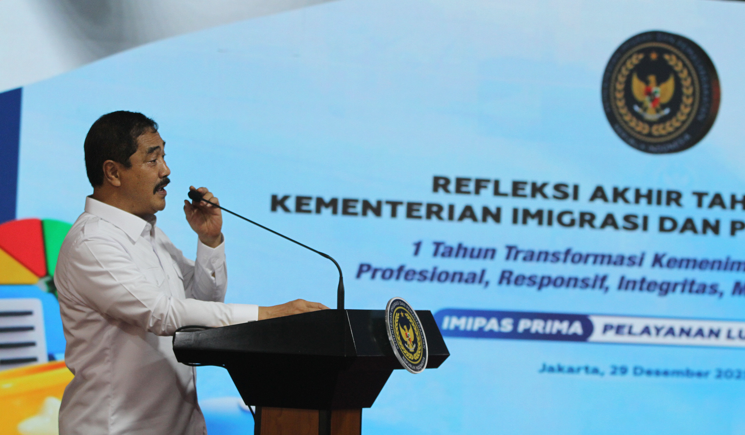 Menteri Imipas, Agus Andrianto, saat menggelar refleksi akhir tahun. (Agus Priatna/SinPo.id)