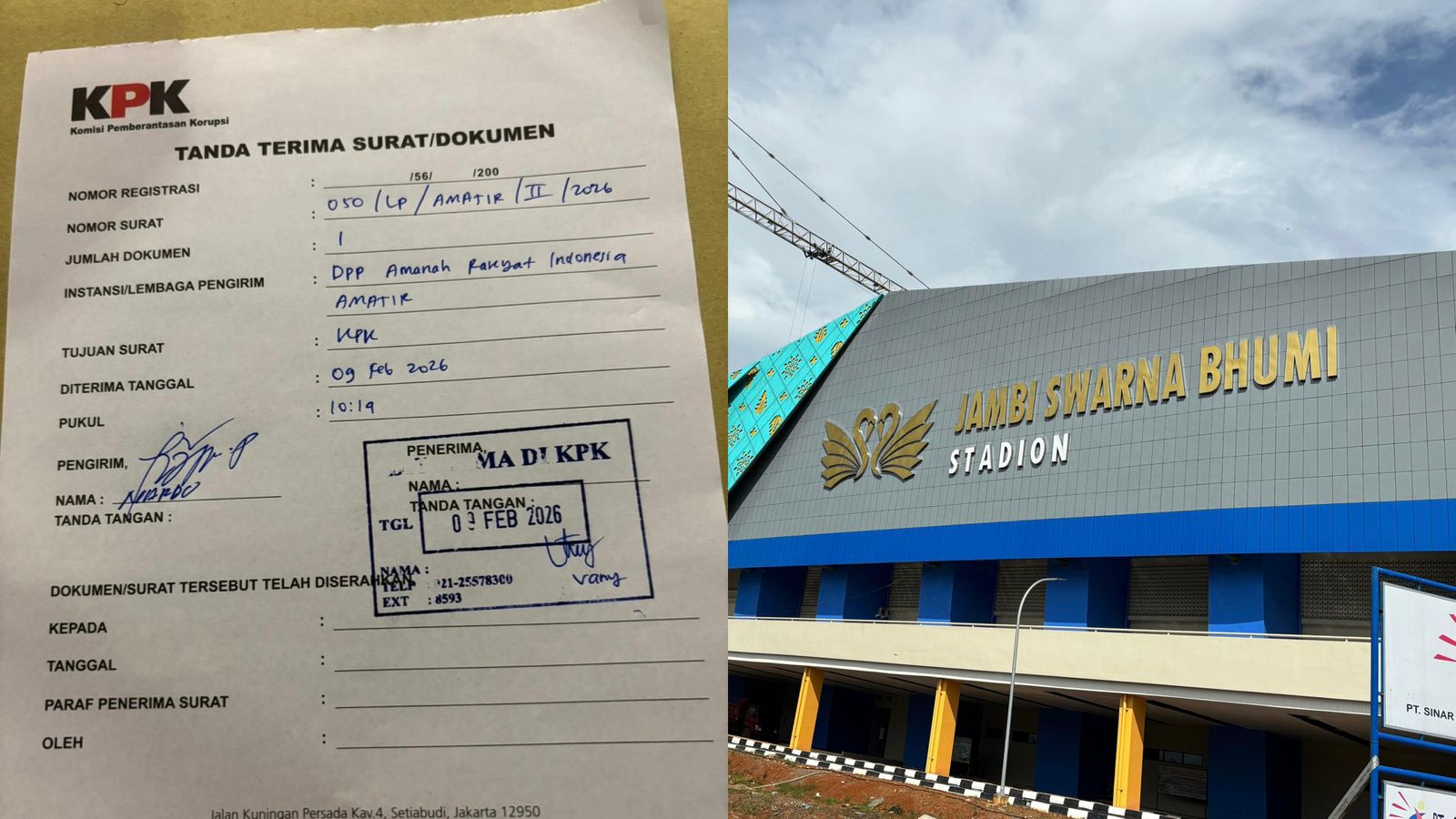 Bukti laporan ke KPK (kiri) dan penampakan stadion Swarna Bhumi Jambi (Sinpo.id)