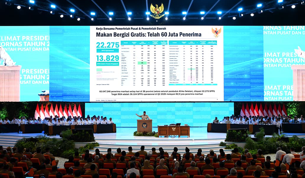 Prabowo buka Rakornas Pemerintah Pusat dan Daerah 2026. (Agus Priatna/SinPo.id/BPMI Setpres)