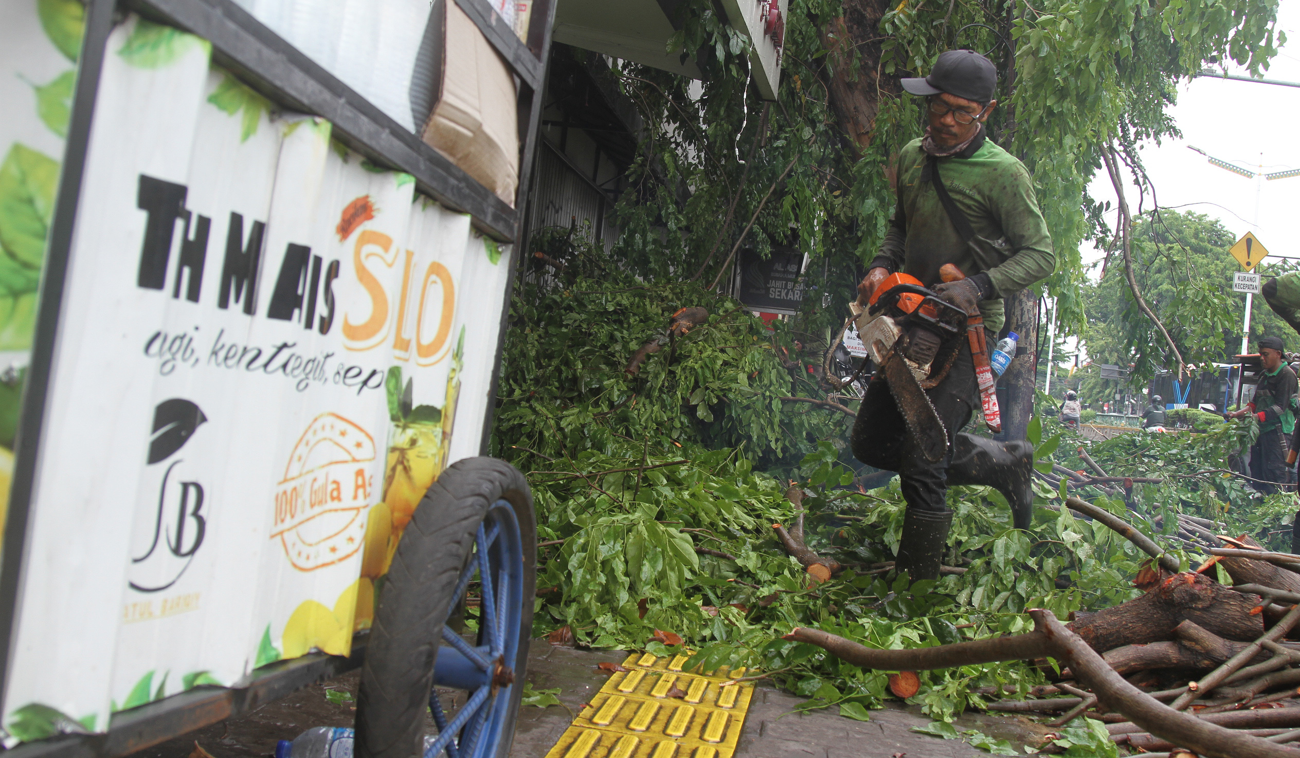 Pemangkasan pohon di jalan Otista Raya. (Agus Priatna/SinPo.id)