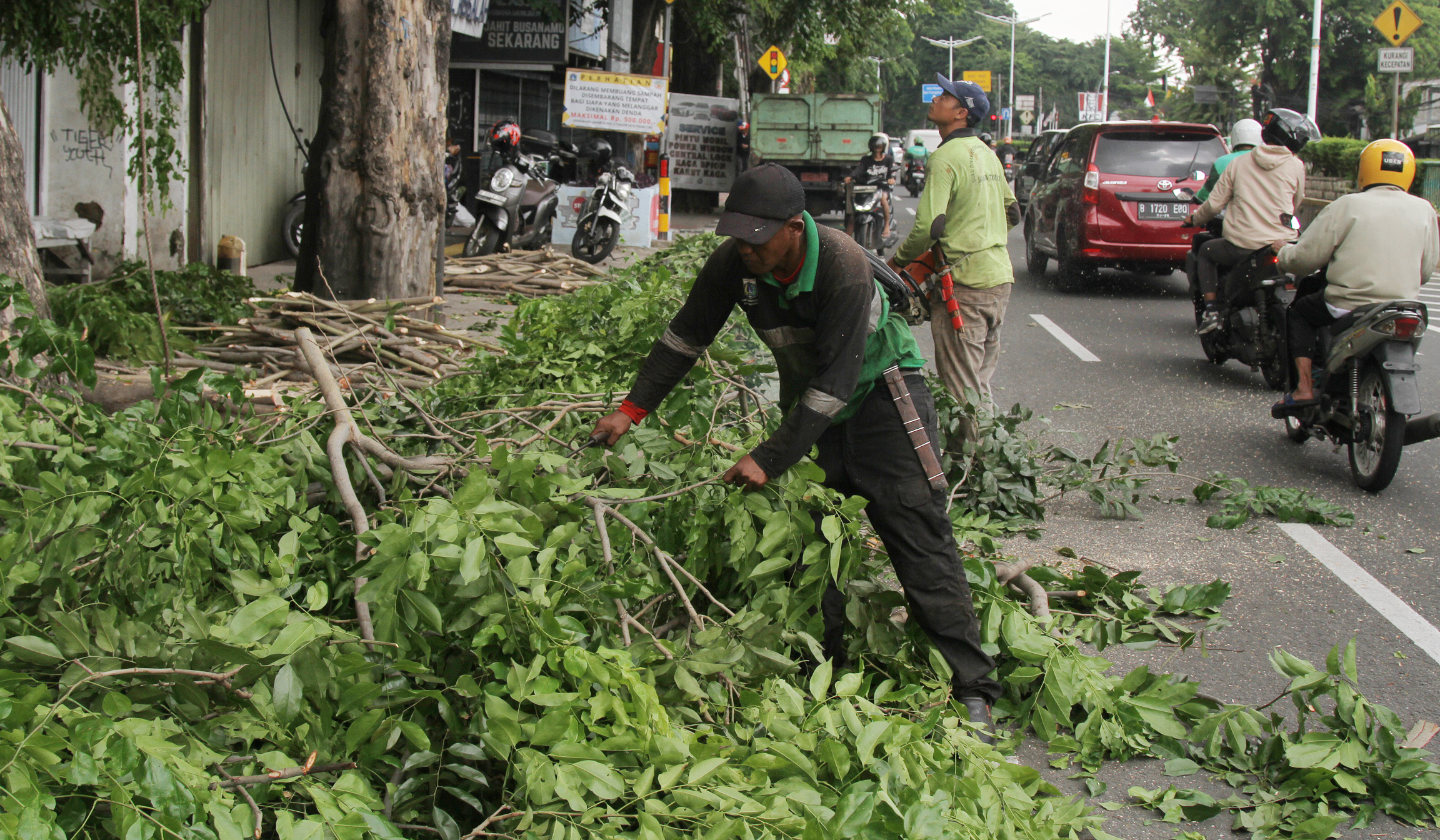 Pemangkasan pohon di jalan Otista Raya. (Agus Priatna/SinPo.id)