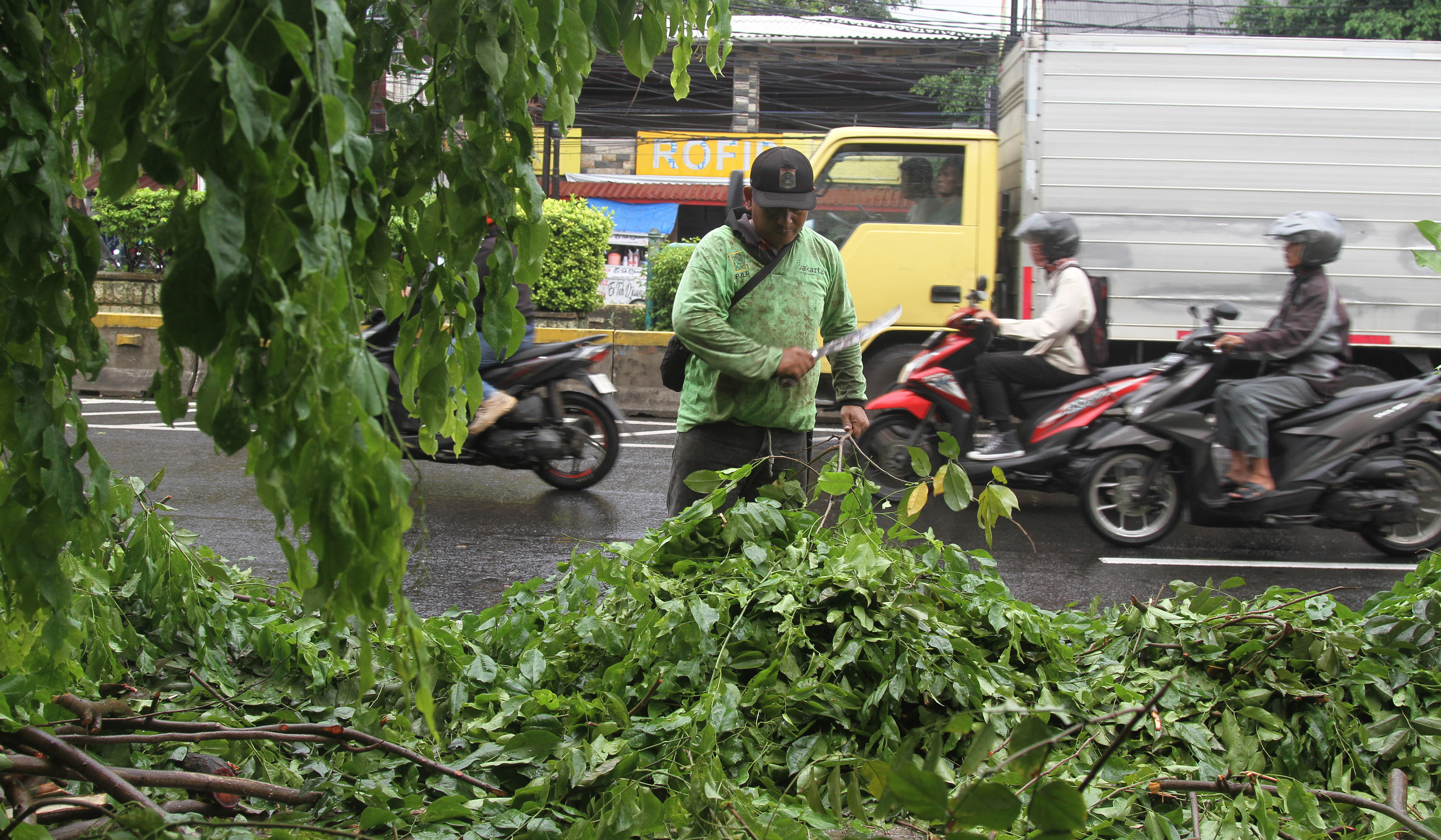 Pemangkasan pohon di jalan Otista Raya. (Agus Priatna/SinPo.id)