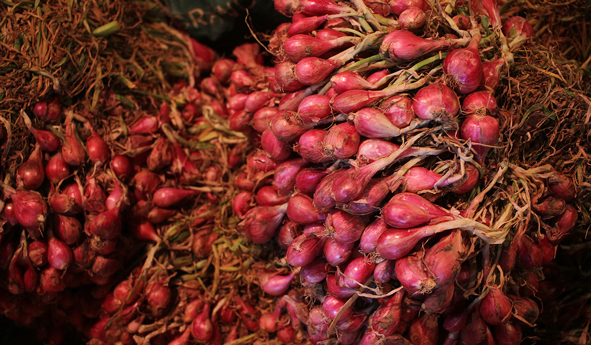 Pekerja mengupas bawang merah di Pasar Induk Kramat Jati. (Agus Priatna/SinPo.id)