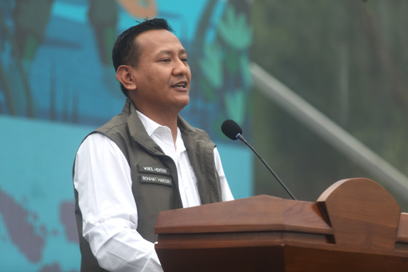 Dalam peringatan Hari Sumpah Pemuda Wakil Menteri Kehutanan Rohmat Marzuki melakukan penanaman bibit mangrove di Taman Wisata Alam Mangrove Angke Kapuk (Ashar/SinPo.id)