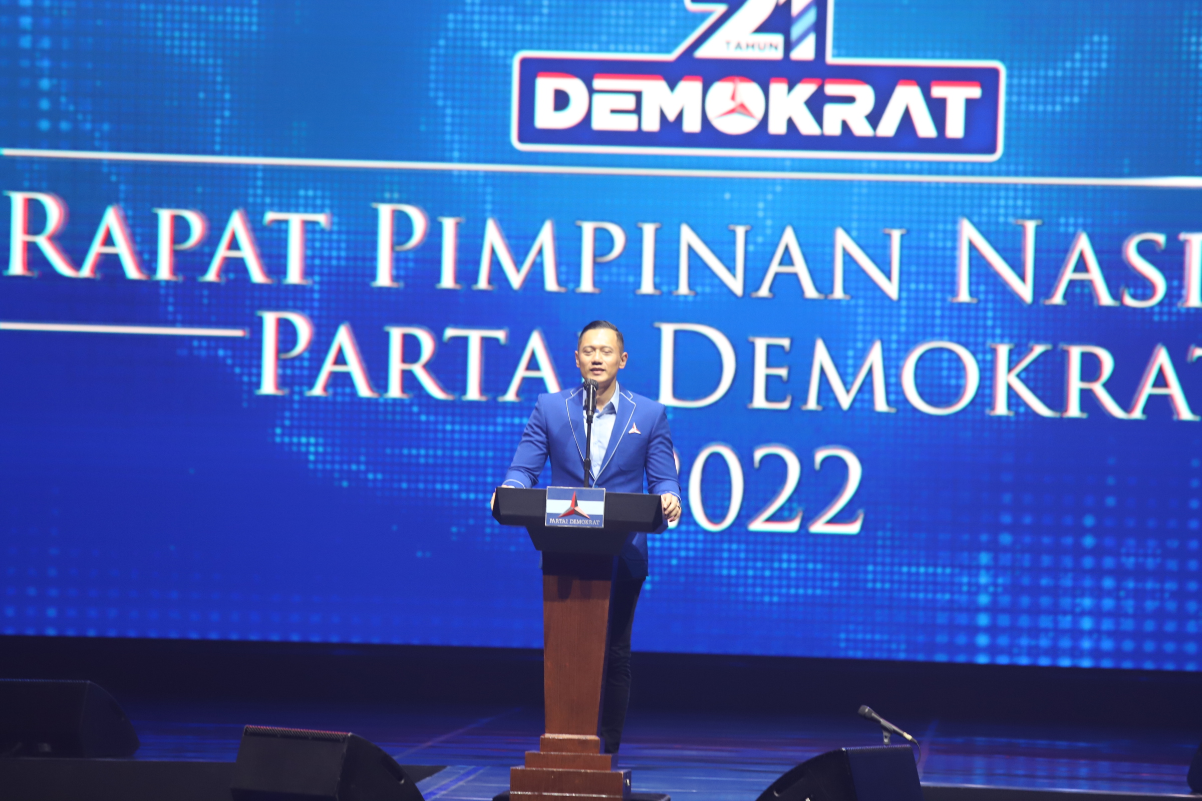 Ketua Umum Partai Demokrat Agus Harimurti Yudhoyono  pidato di Rapimnas di JCC (Ashar/SinPo.id)