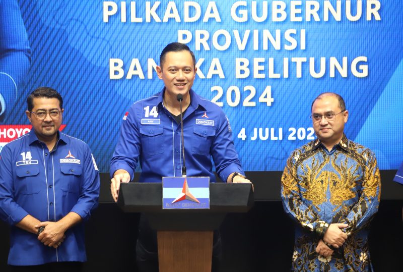 Demokrat gelar konfrensi pers penyampaian rekomendasi calon gubernur Papua Barat, Bangka Belitung dan Jambi untuk Pilkada serentak 2024 (Ashar/SinPo.id)