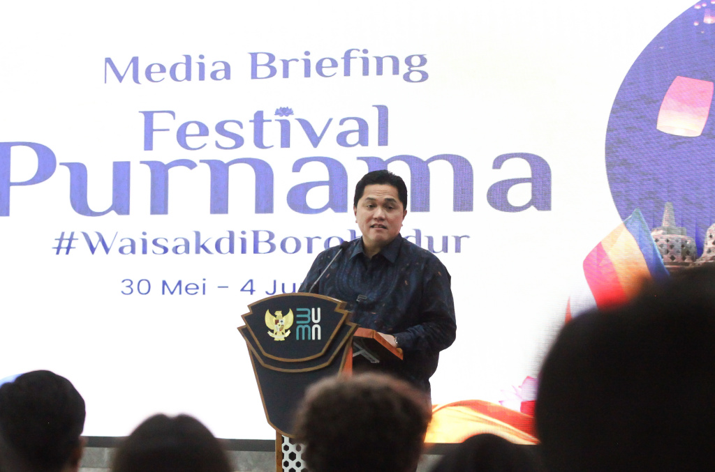 Menteri BUMN Erick Thohir menghadiri media briefing Festival Purnama Candi Borobudur menyambut Hari Raya Waisak (Ashar/SinPo.id)