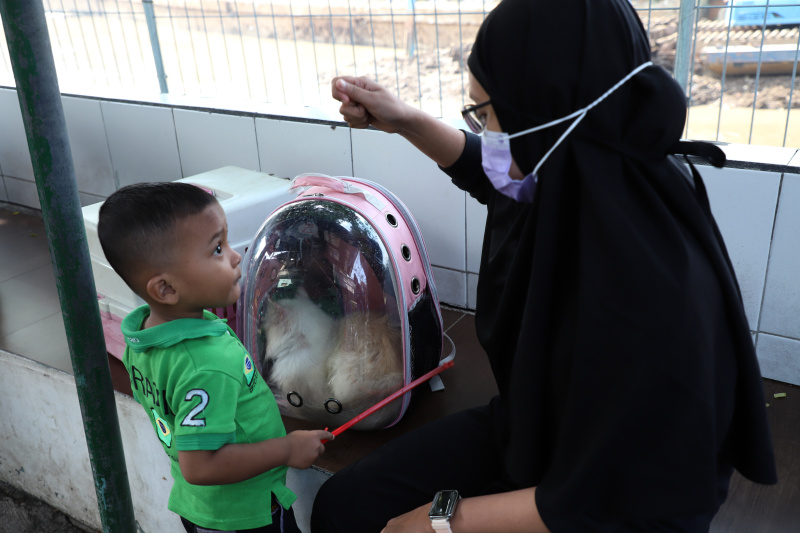 Petugas ketahanan pangan kelautan dan pertanian Kecamatan Tebet di Kantor Sekretariat RW 02 Kebon Baru menggelar vaksinasi rabies gratis (Ashar/SinPo.id)