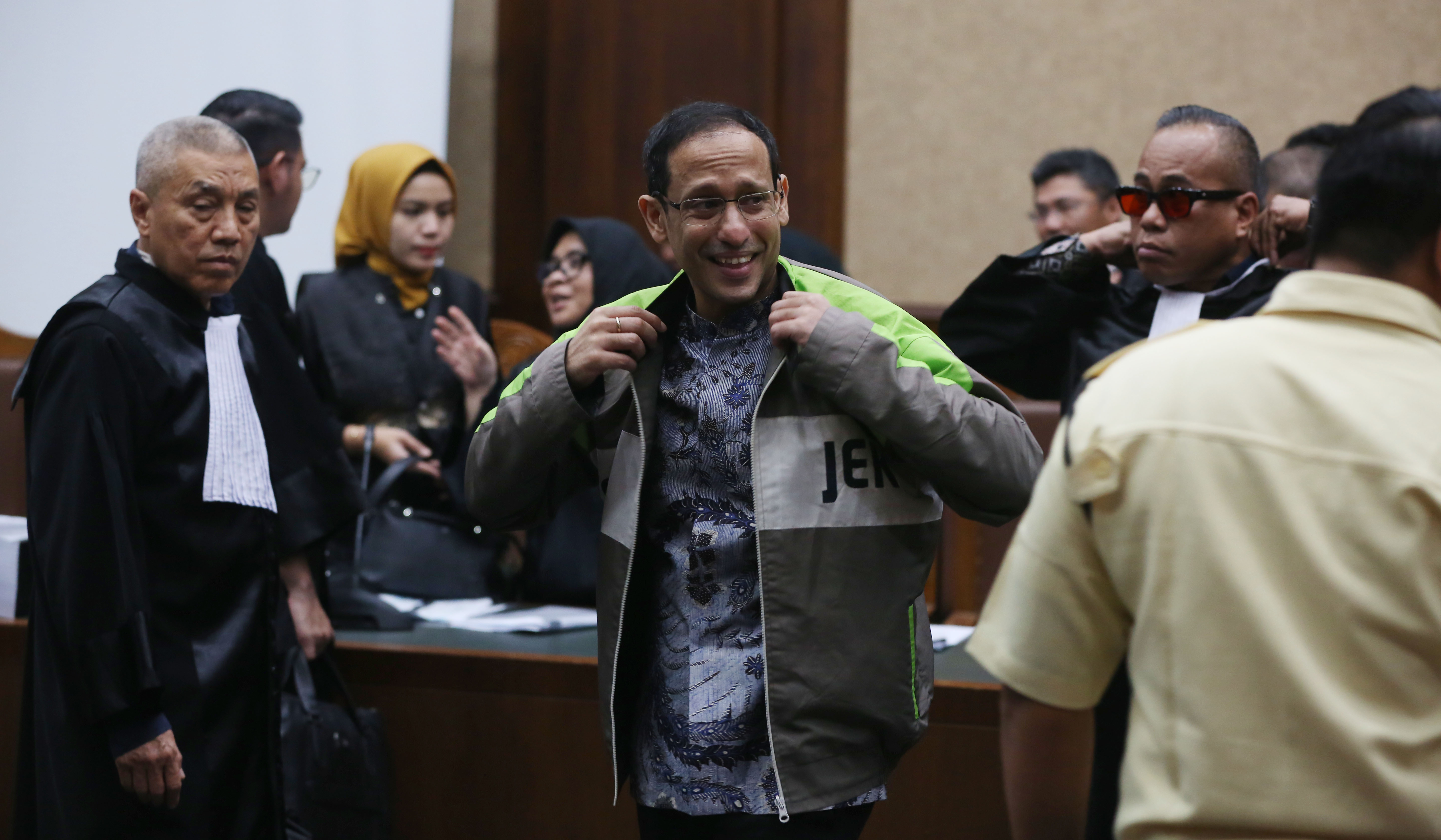 Nadiem saat menjalani sidang lanjutan dengan agenda pembacaan pledoi. (Agus Priatna/SinPo.id)