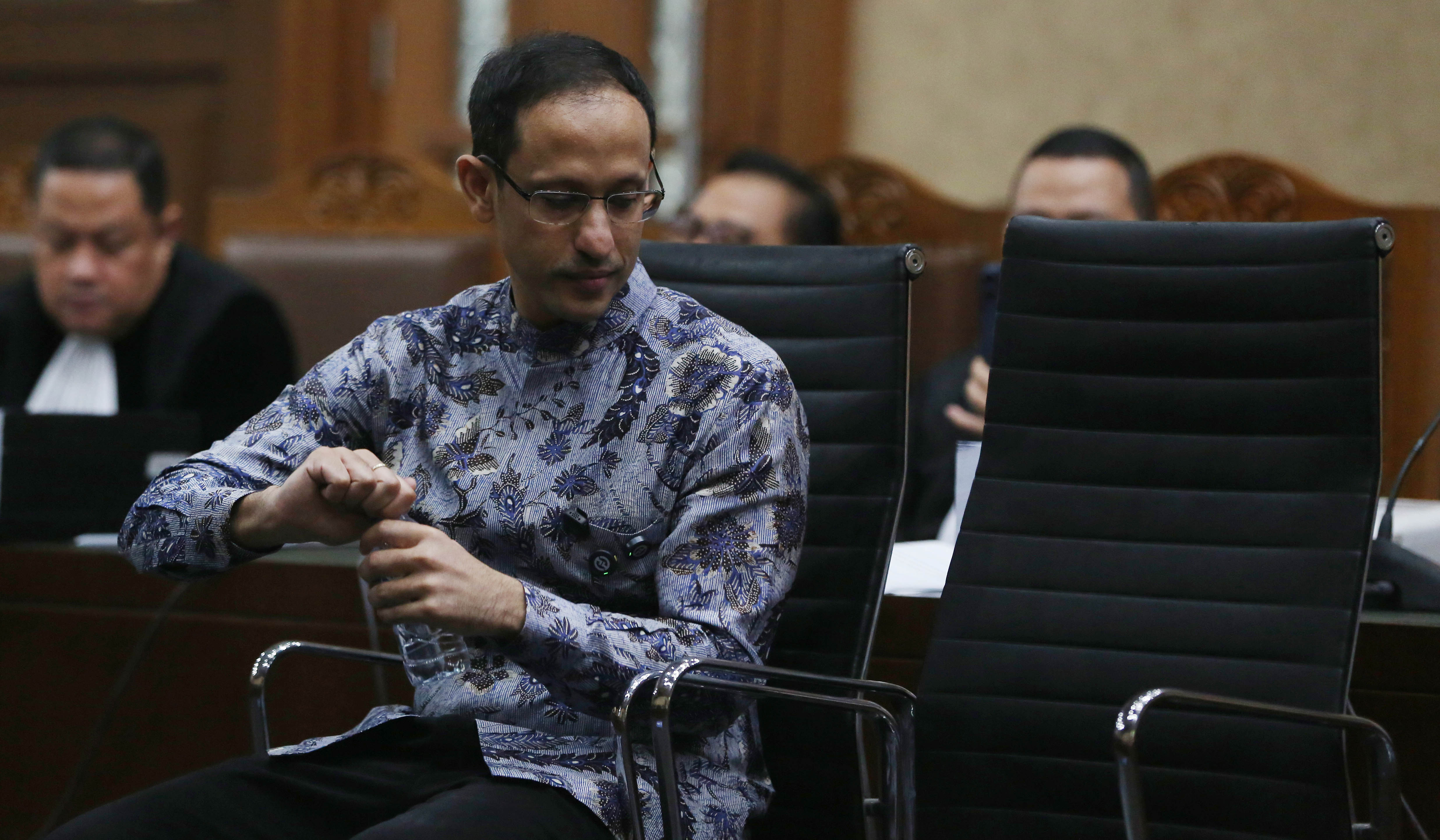 Nadiem saat menjalani sidang lanjutan dengan agenda pembacaan pledoi. (Agus Priatna/SinPo.id)