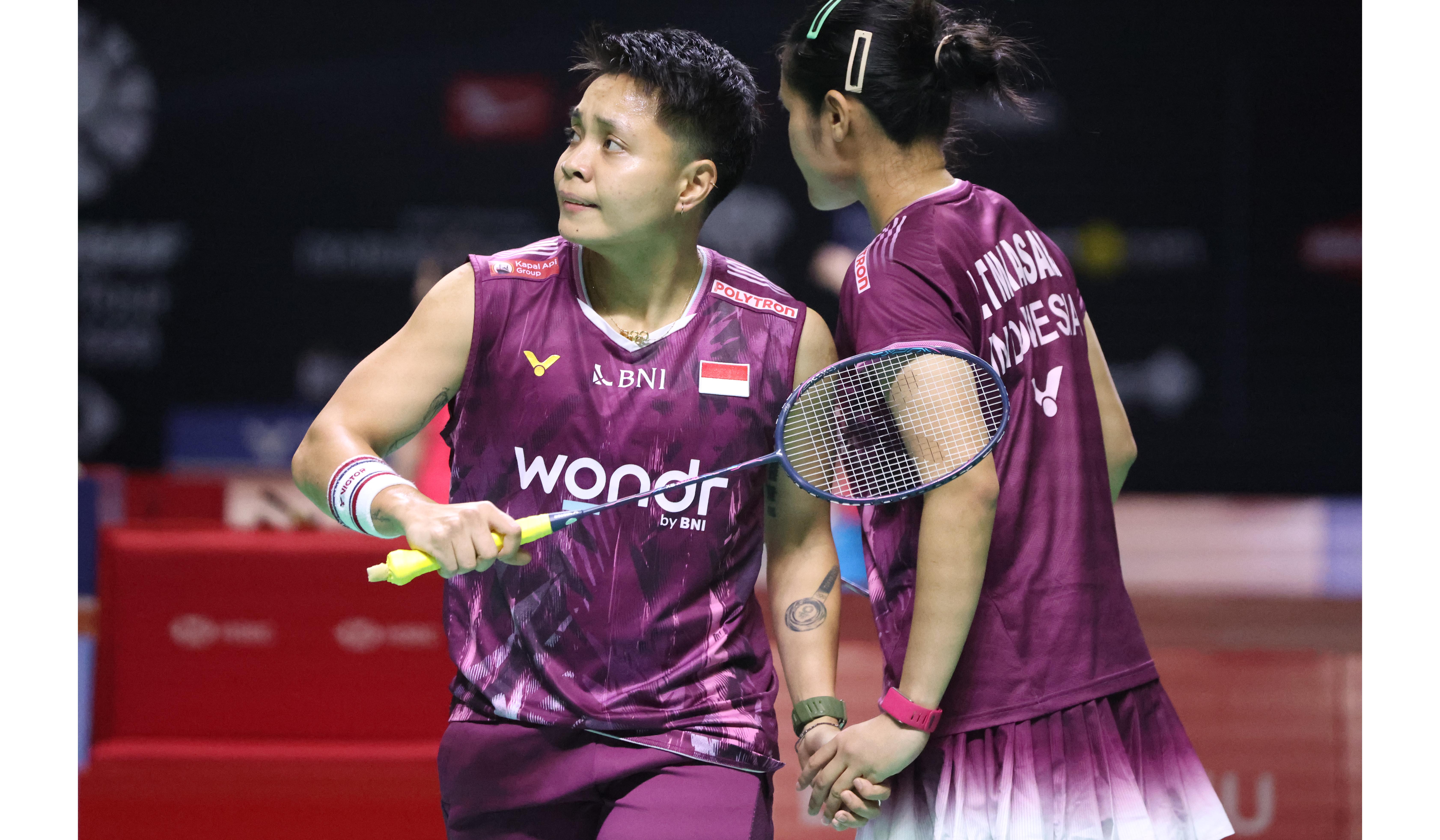 Pasangan ganda putri Indonesia, Lanny Tria Mayasari/Apriyani Rahayu, di ajang Indonesia Masters 2026. (Agus Priatna/SinPo.id)