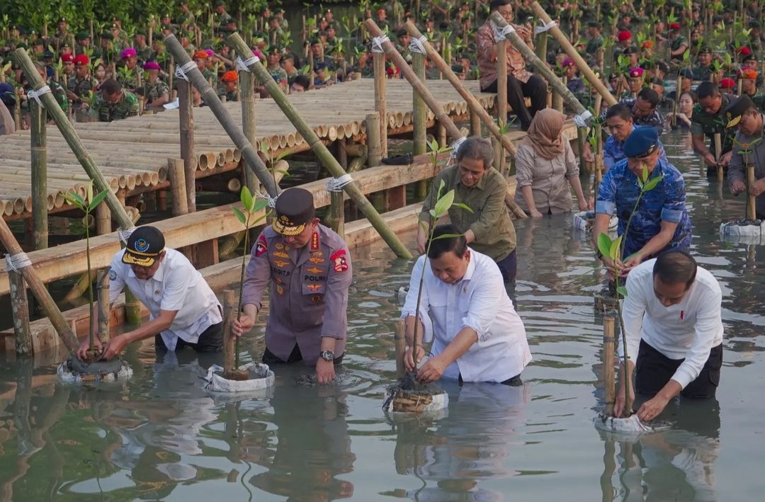 Menhan Prabowo Subianto mendampingi Presiden RI Jokowi dalam kegiatan penanaman Mangrove Nasional Serentak (Ashar/Foto:Tim Prabowo/SinPo.id)