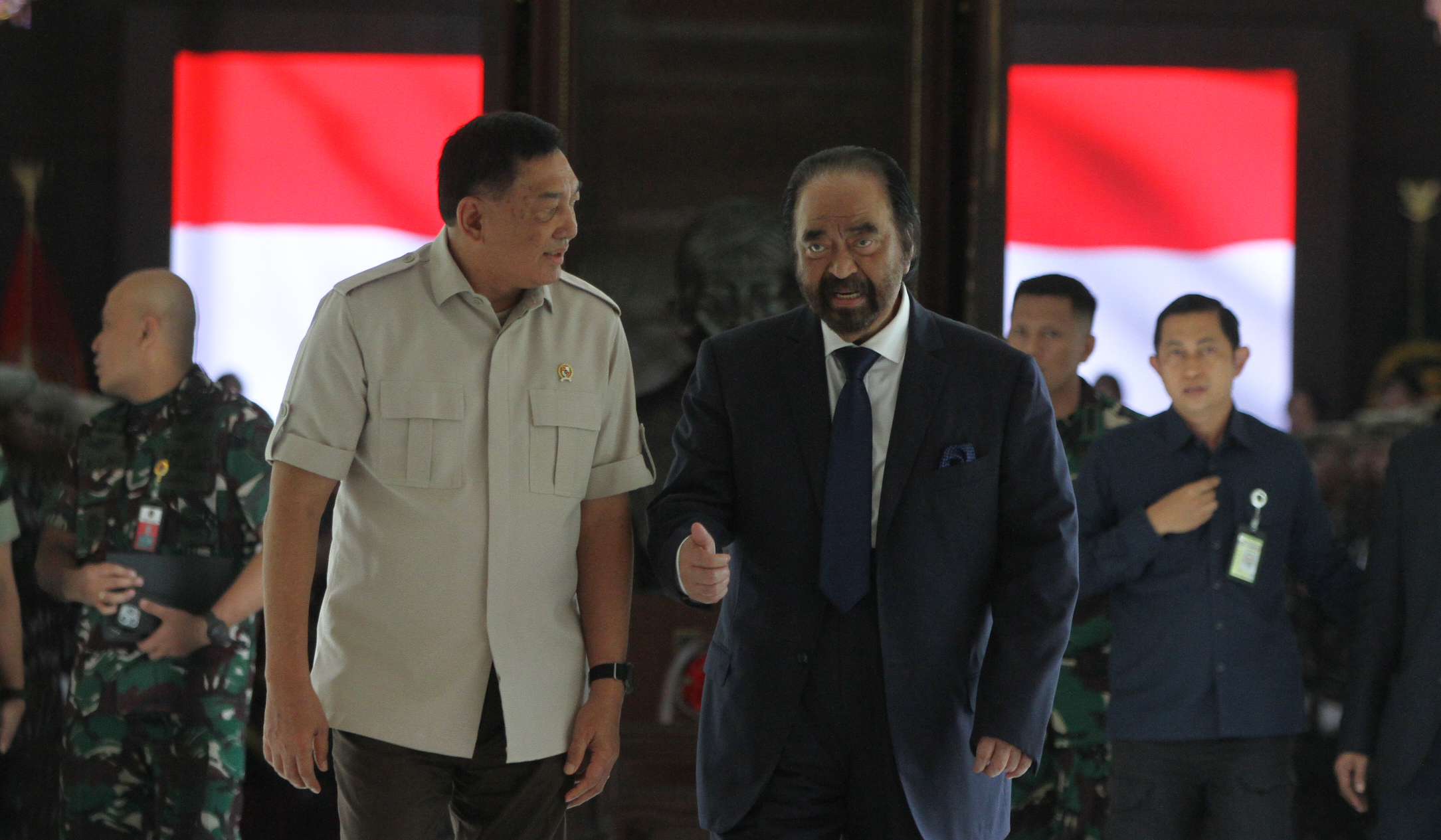 Menhan Sjafrie Sjamsoeddin, terima kunjungan Ketum Nasdem Surya Paloh. (Agus Priatna/SinPo.id)