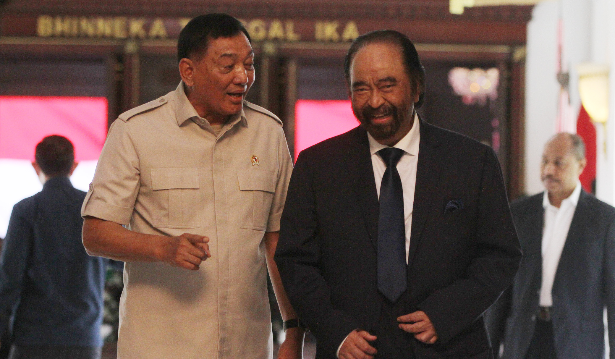 Menhan Sjafrie Sjamsoeddin, terima kunjungan Ketum Nasdem Surya Paloh. (Agus Priatna/SinPo.id)